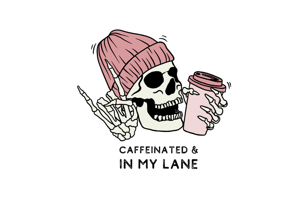 Caffeinated & In My Lane Skeleton Sticker 2.5"